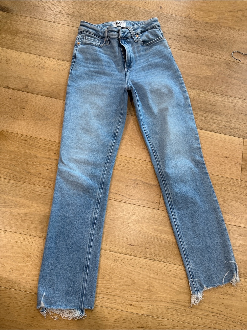 PAIGE “Cindy” Light Wash Straight Leg Jeans with Frayed Hem